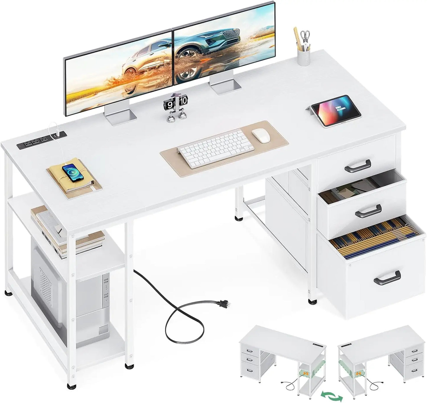 51 Inch Reversible Computer Desk with USB Power Outlets and Storage