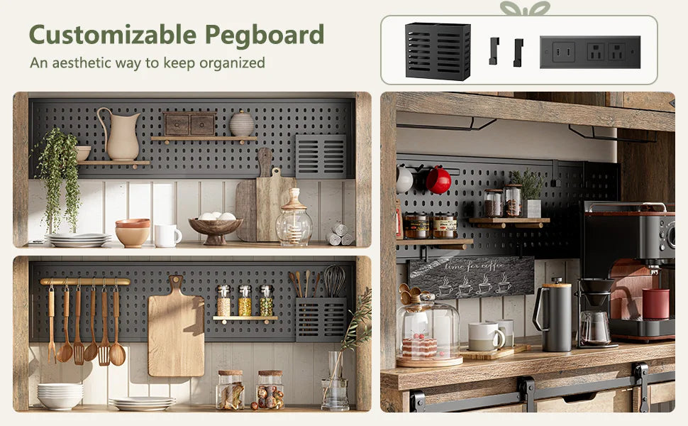 Kitchen Buffet Cabinet with Power Outlet LED Light 70 inch Storage Shelves