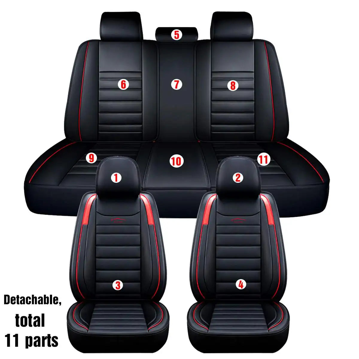 11Pcs Deluxe PU Leather Waterproof 5 Seater Car Seat Cover Set
