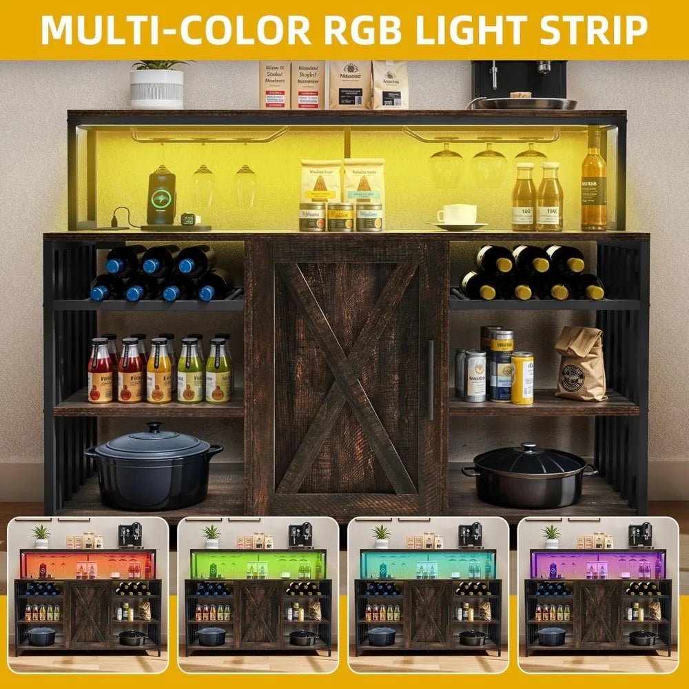 47 Inch Bar Table Cabinet with LED Lights Power Outlet Wine Rack