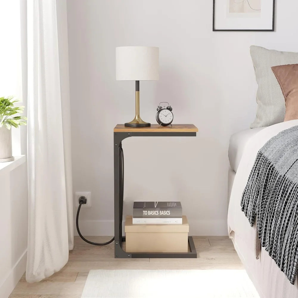 Shaped End Table Set of 2 with Charging Station USB Ports Storage Bag