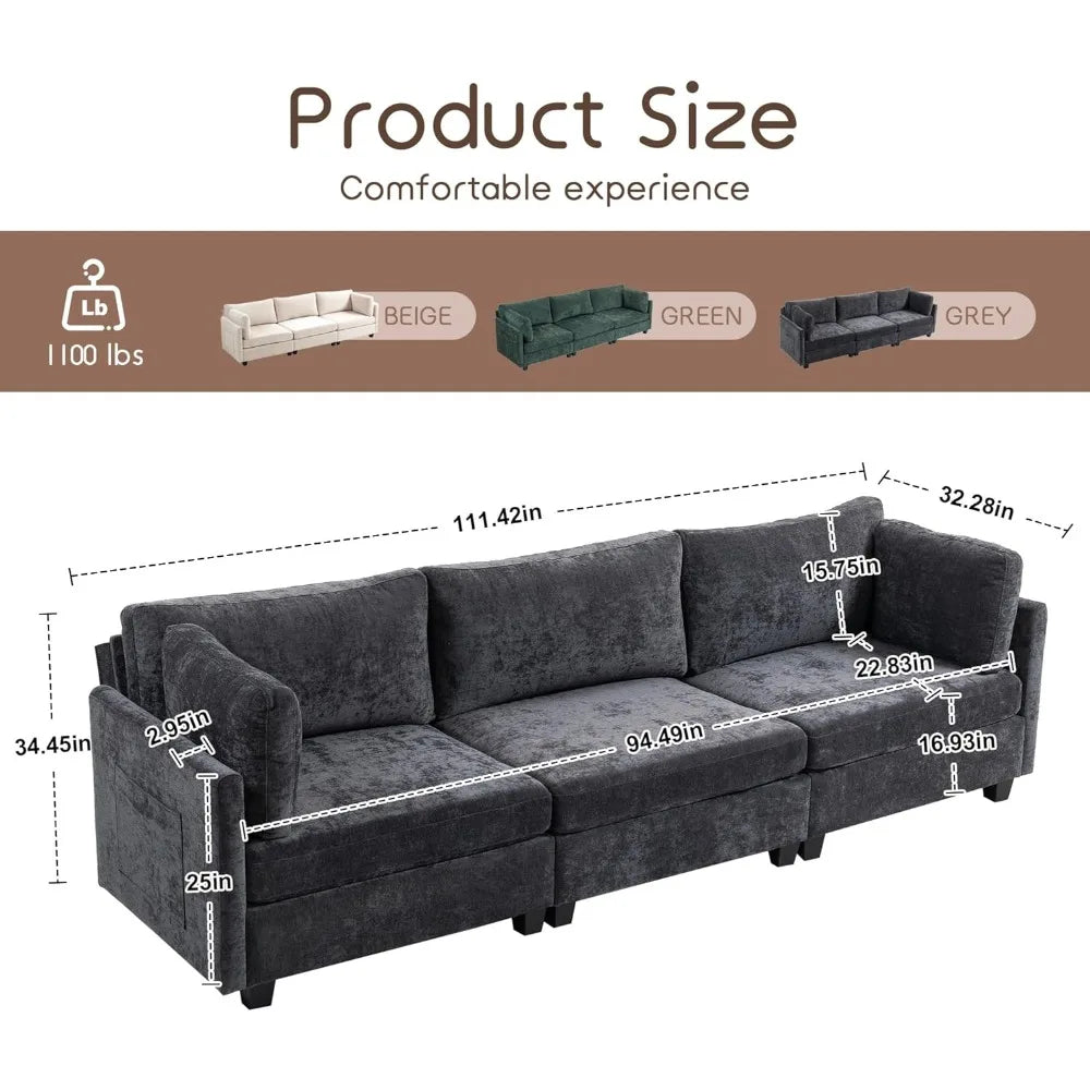 Modern Chenille 3-Seater Sofa w/ Storage, Deep Cushions, 111" Couch, Grey