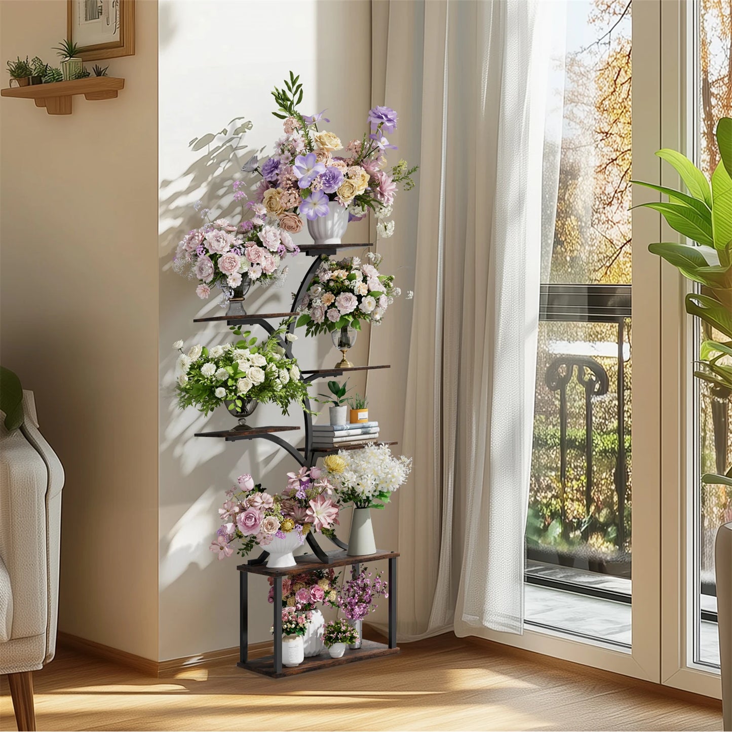 7 Tier Tree Shaped Plant Stand Metal Flower Pot Display Holder Lights