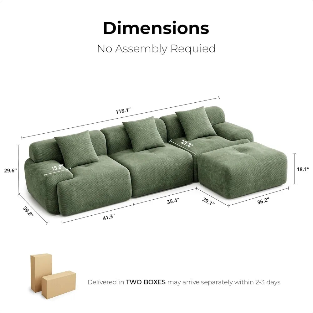 118" Modern L-Shaped Sectional Sofa Green Corduroy Upholstery