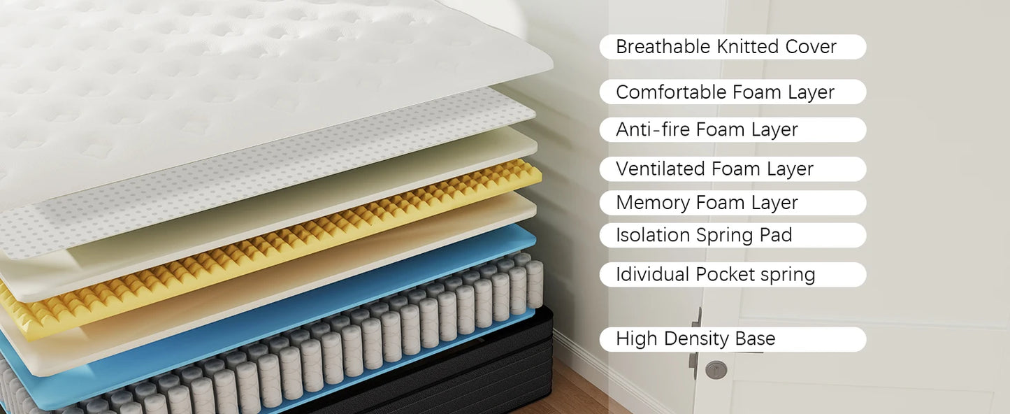 Ljustra Queen Mattress 12 Inch Pocket Springs Gel Memory Foam Hybrid