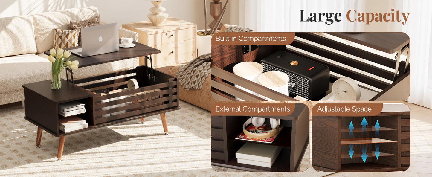 Lift Top Coffee Table with Storage Mid Century Modern Wooden Table