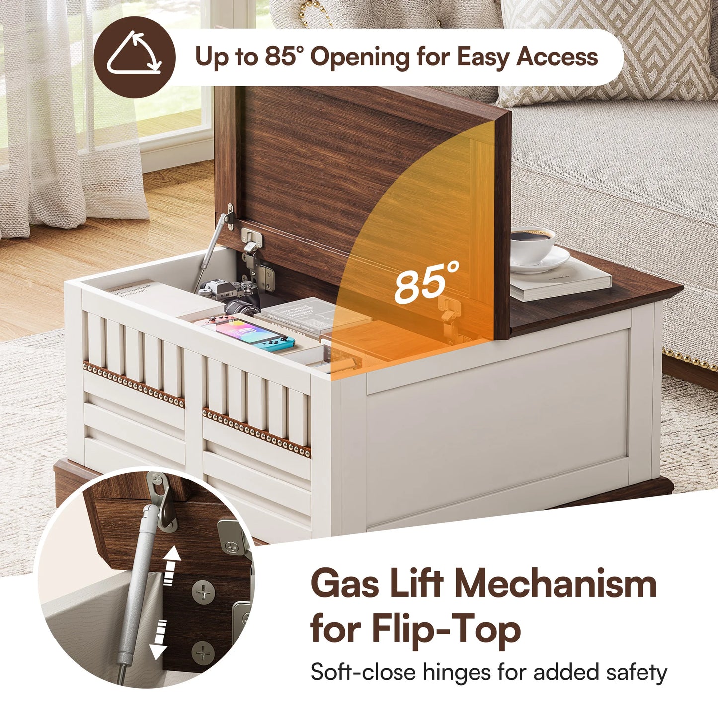 Farmhouse Lift Top Coffee Table with Hidden Storage for Living Room