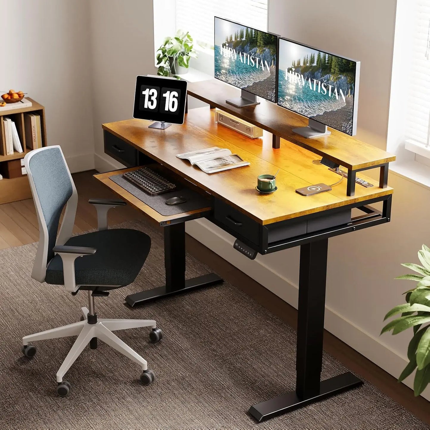 Electric Standing Desk with Drawers Keyboard Tray Power Outlets LED Lights