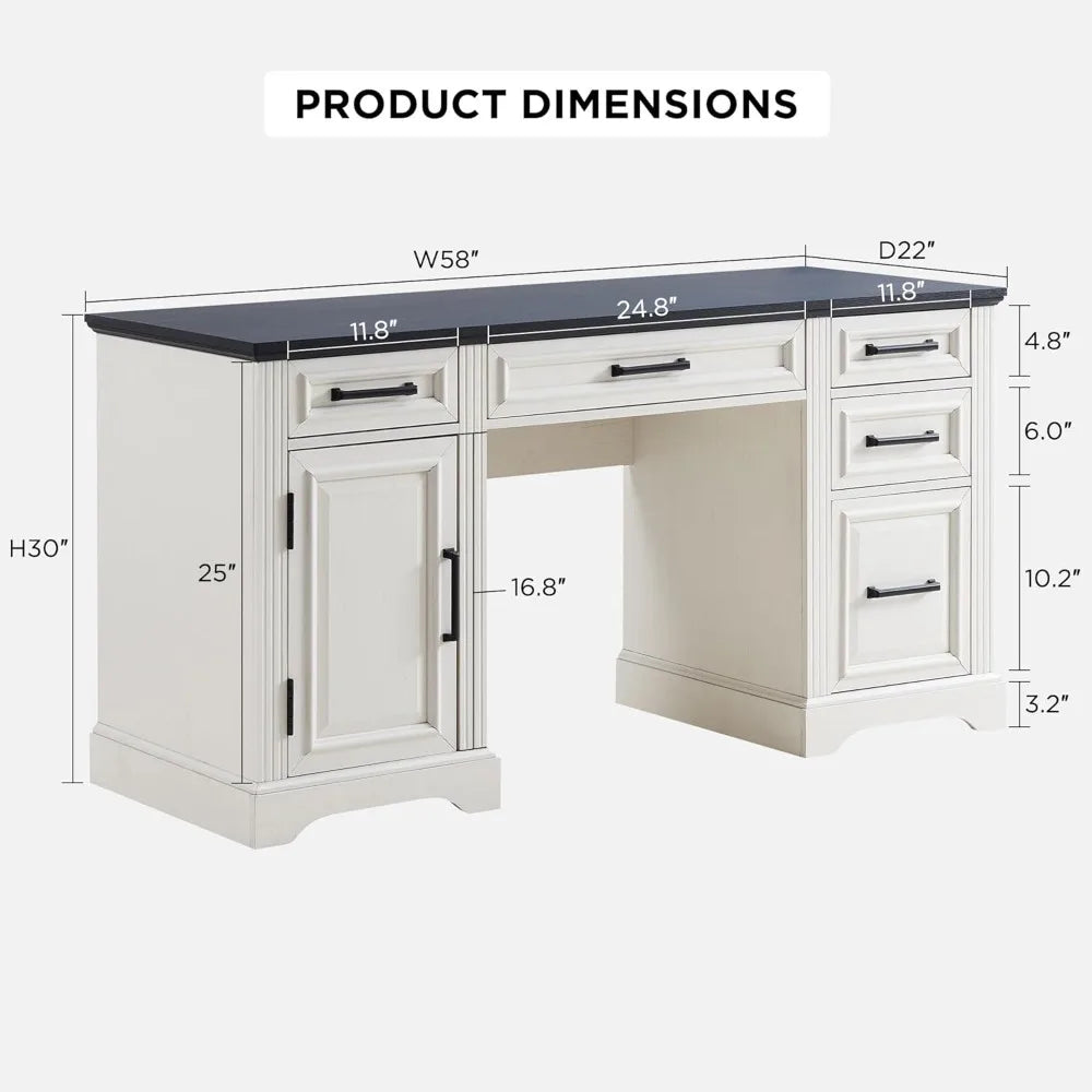 58 Inch Executive Desk Farmhouse Style Computer Desk with Storage