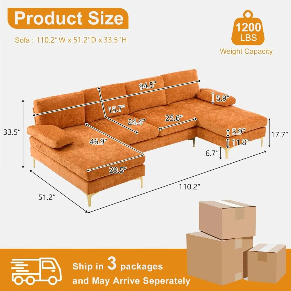 Ljustra Modern U-Shape Couch, 4-Seat Chenille Sectional Sofa, Burnt Orange, 110"