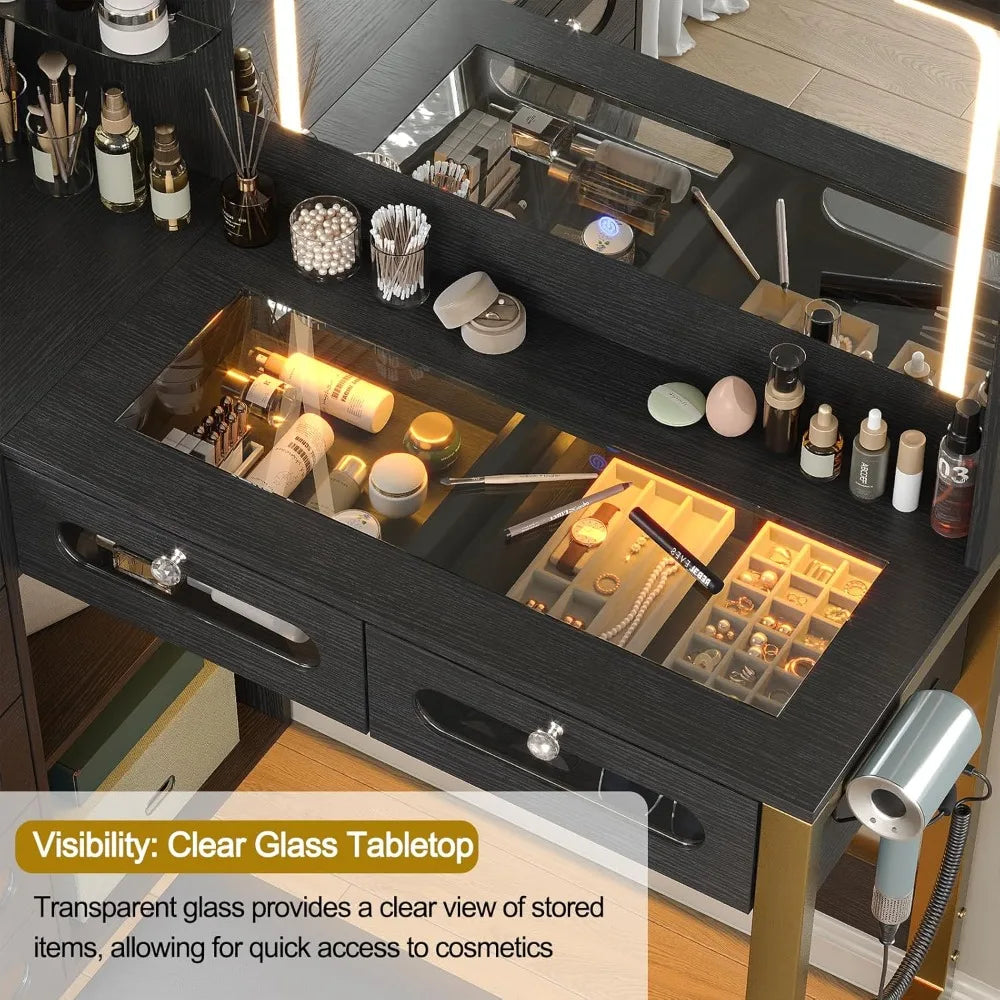 Modern Vanity Desk with Mirror and RGB Drawers Power Outlet Makeup Station