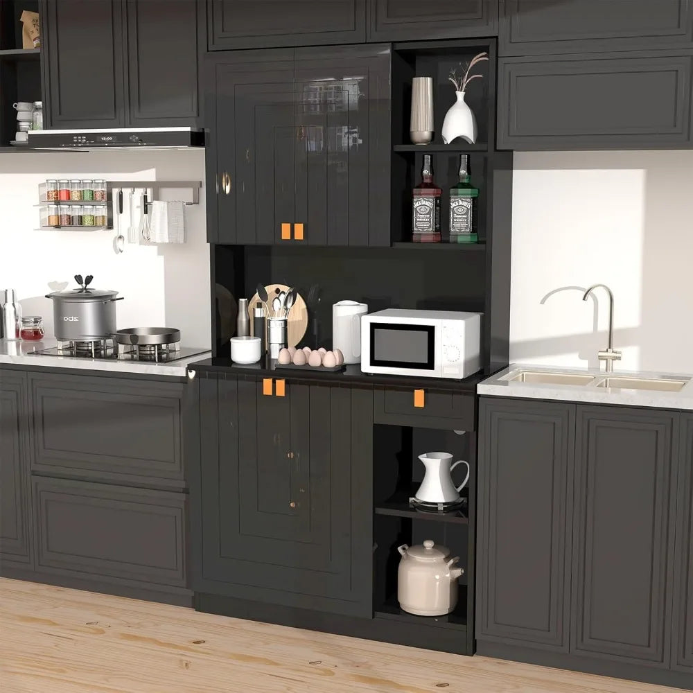 Kitchen Pantry Cabinet with Countertop Power Outlet Adjustable Shelves