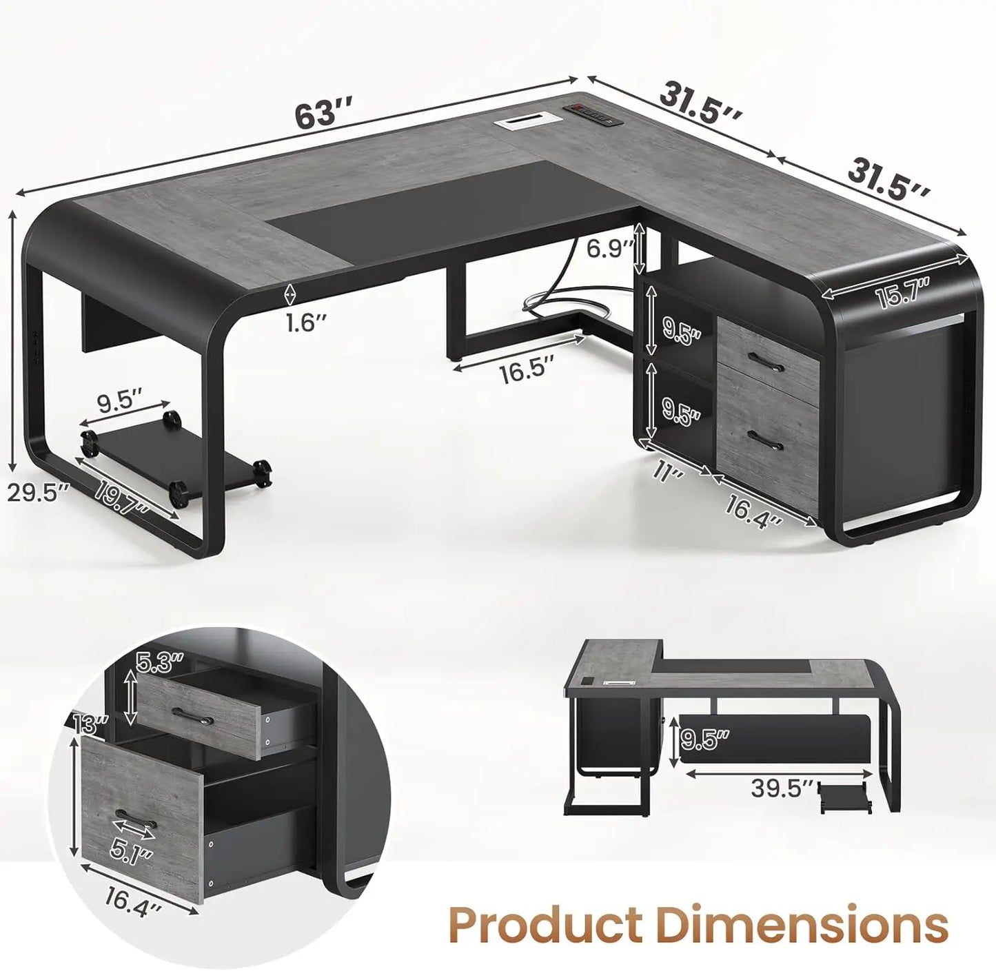 L Shaped Executive Desk with Drawers and Mobile CPU Stand for Home Office