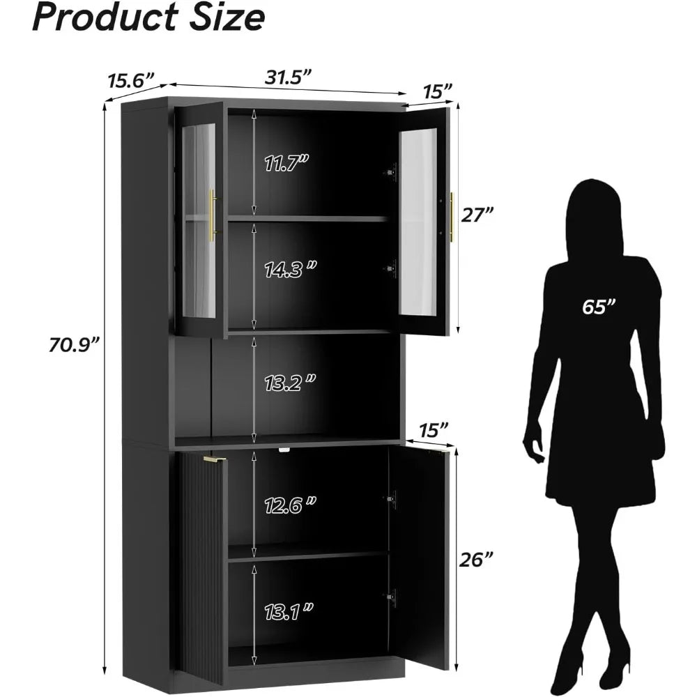 71 Inch Tall Kitchen Pantry Cabinet Fluted Storage with Glass Doors