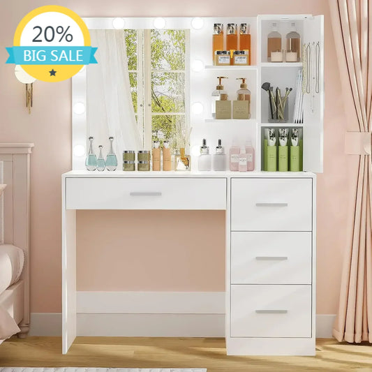 Makeup Vanity with Mirror and 10 LED Lights 4 Drawers Necklace Hooks