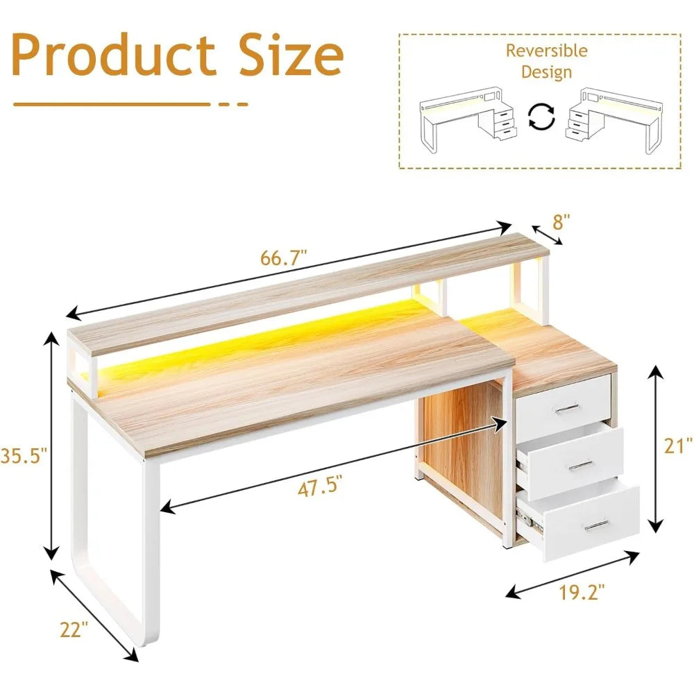 Ljustra 67 Inch Computer Desk with 3 Drawers and LED Light for Home Office