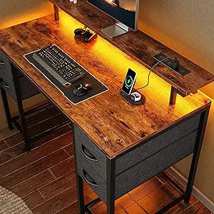 55 Inch Computer Desk with Drawers LED Lights Power Outlets Gaming Desk