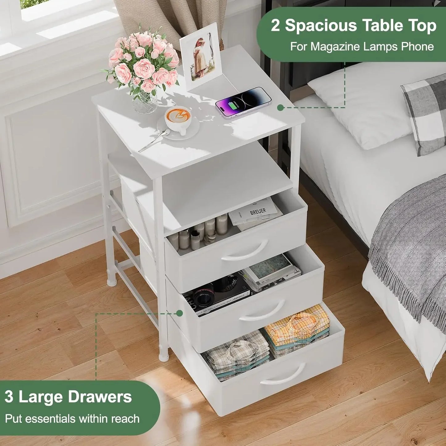 Nightstand with LED Light and 3 Drawers Modern Bedside Table for Bedroom