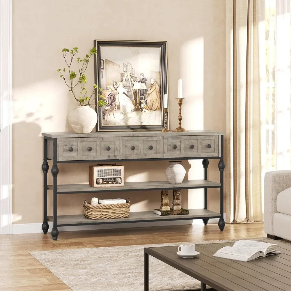 52 Inch Console Table Entryway Table with 3 Drawers and 3 Tier Design
