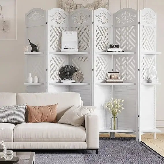 Room Divider with Shelves 5.75ft Tall Folding Wood Carved Screen