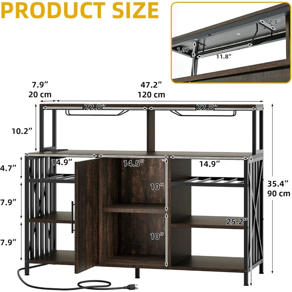 47 Inch Bar Table Cabinet with Power Outlet LED Lights Wine Rack Storage