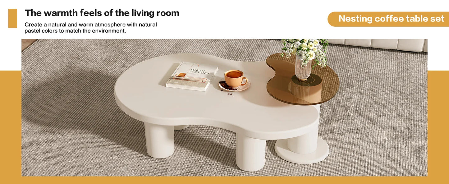Modern Nesting Coffee Tables Set of 2 Glass Top Irregular Design