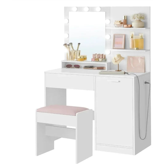 Ljustra Makeup Vanity Desk with Mirror LED Lights and Upholstered Stool