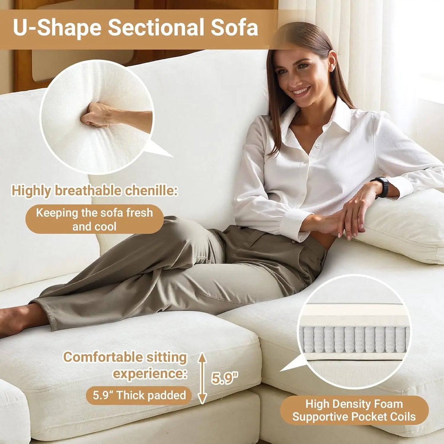 Ljustra Modern U-Shape Couch, 4-Seat Chenille Sectional Sofa, Burnt Orange, 110"