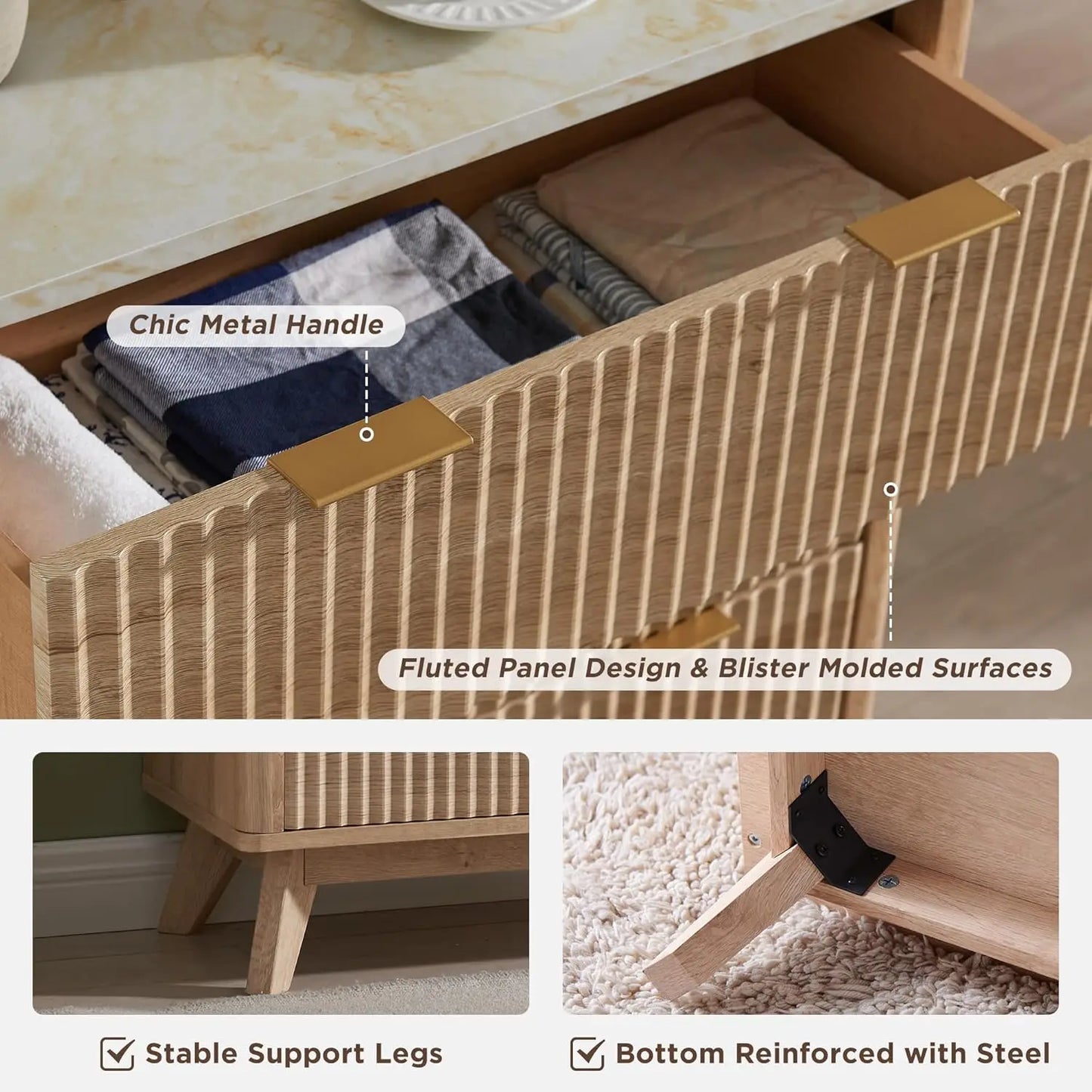 Fluted 6 Drawer Dresser Modern Chest of Drawers Faux Marble Top