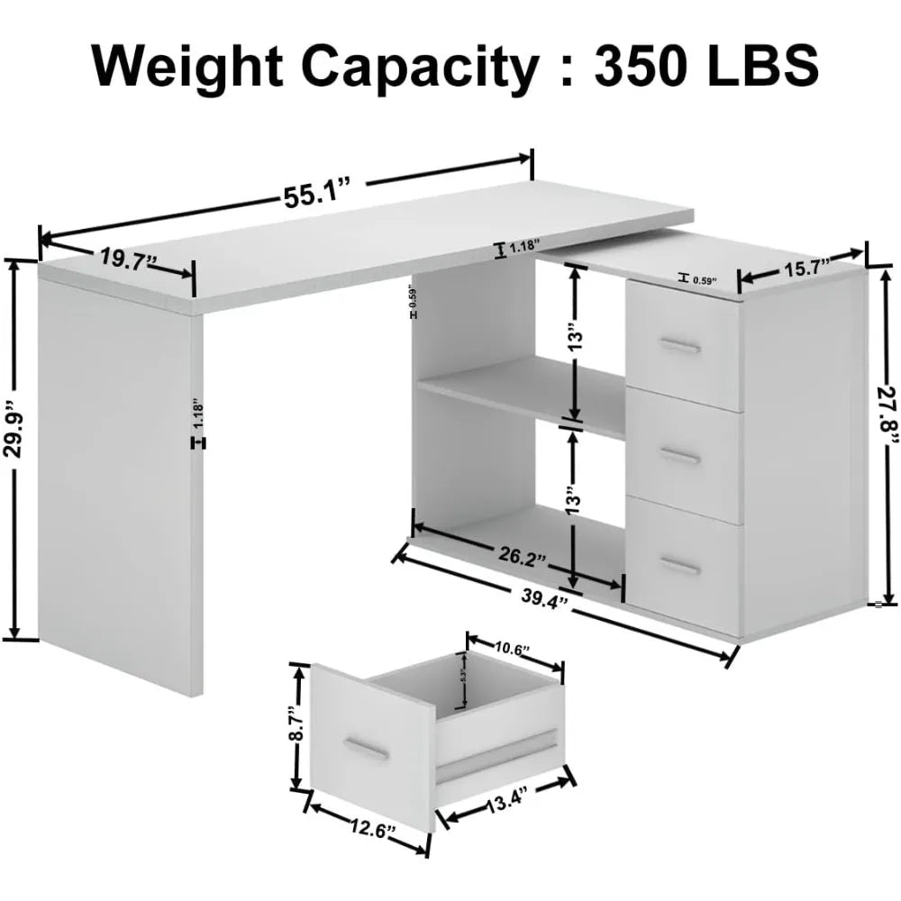 L-Shaped Computer Desk with 3 Drawers and 2 Shelves for Home Office