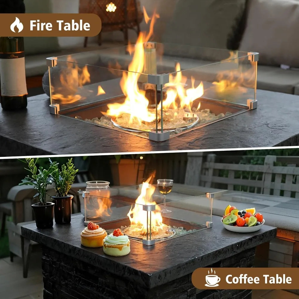 4-Piece Propane Fire Pit Table Set with Glass Wind Guard and Cover