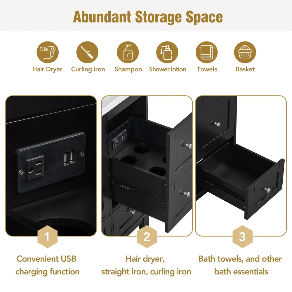 36 Inch Modern Bathroom Vanity with USB Charging and Ample Storage