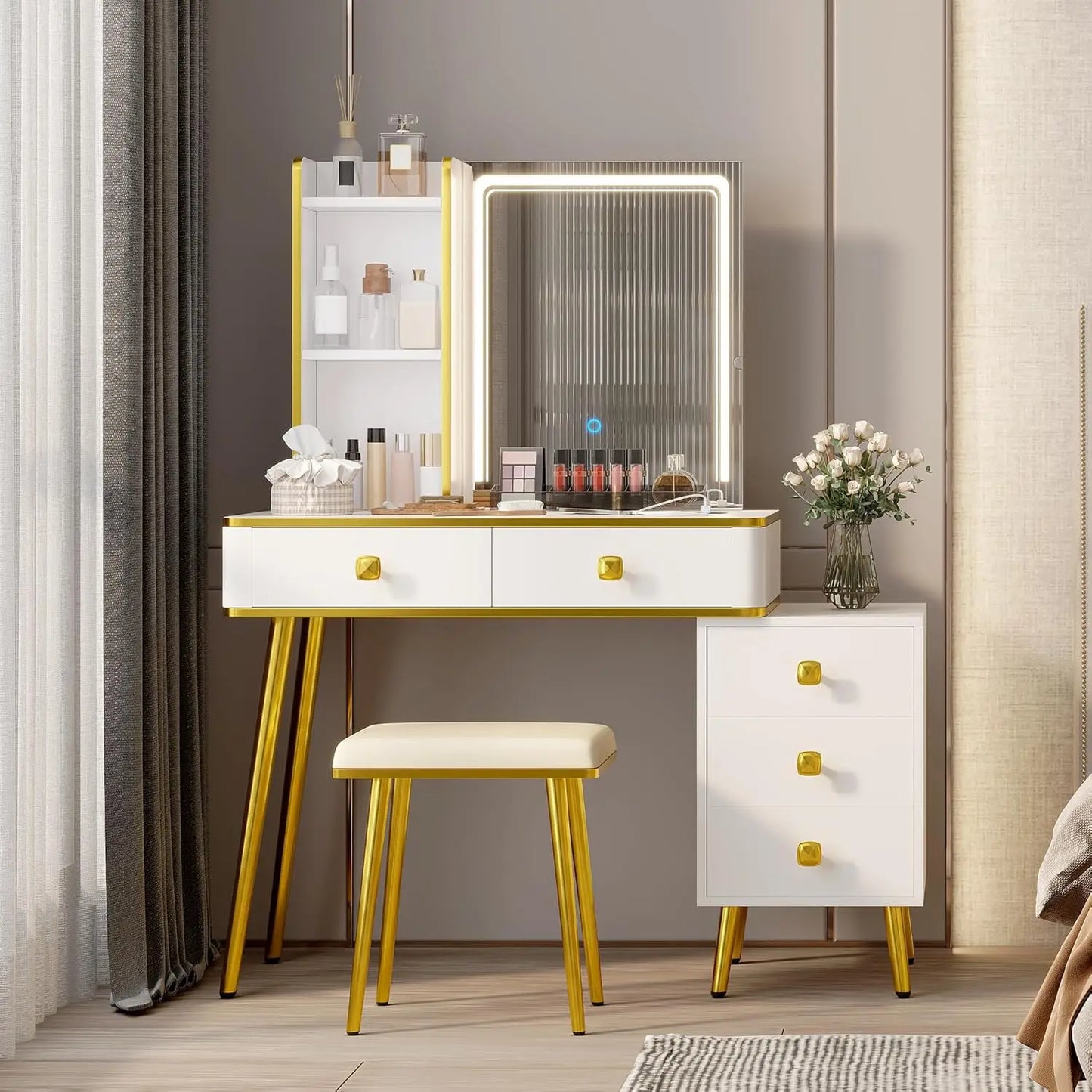 Ljustra Vanity Desk with Mirror Lights Charging Station 5 Drawers Shelves