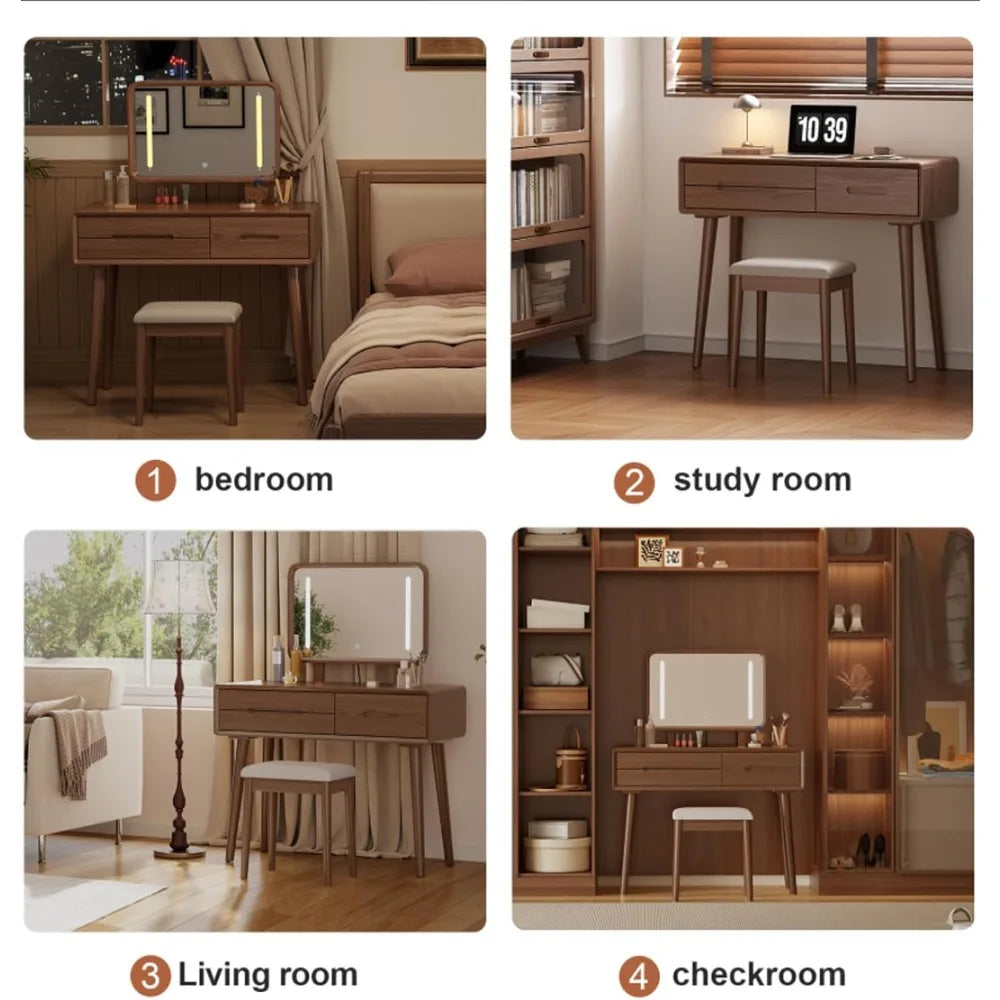 Solid Wood Makeup Vanity Desk with Adjustable LED Mirror Lighting