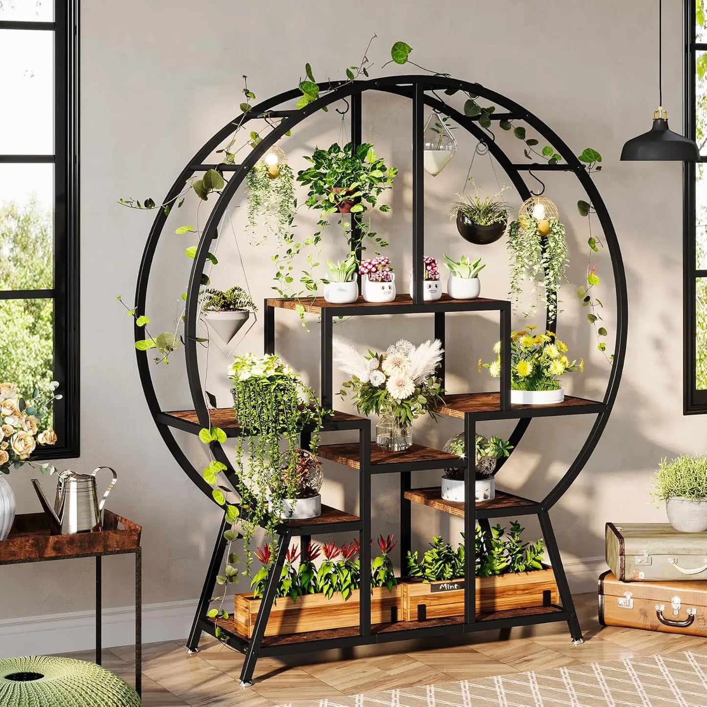 7-Tier Round Indoor Plant Stand Large Tall Shelf with Hooks for Pots