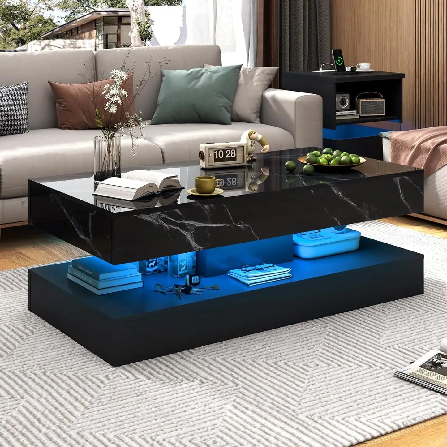 Modern Coffee Table with LED Lights Double-Layer Design Storage Drawers