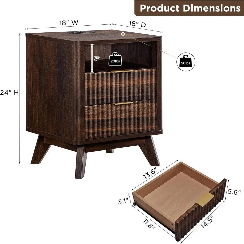 Fluted Nightstand with Charging Station Modern Side Table 18 Inches