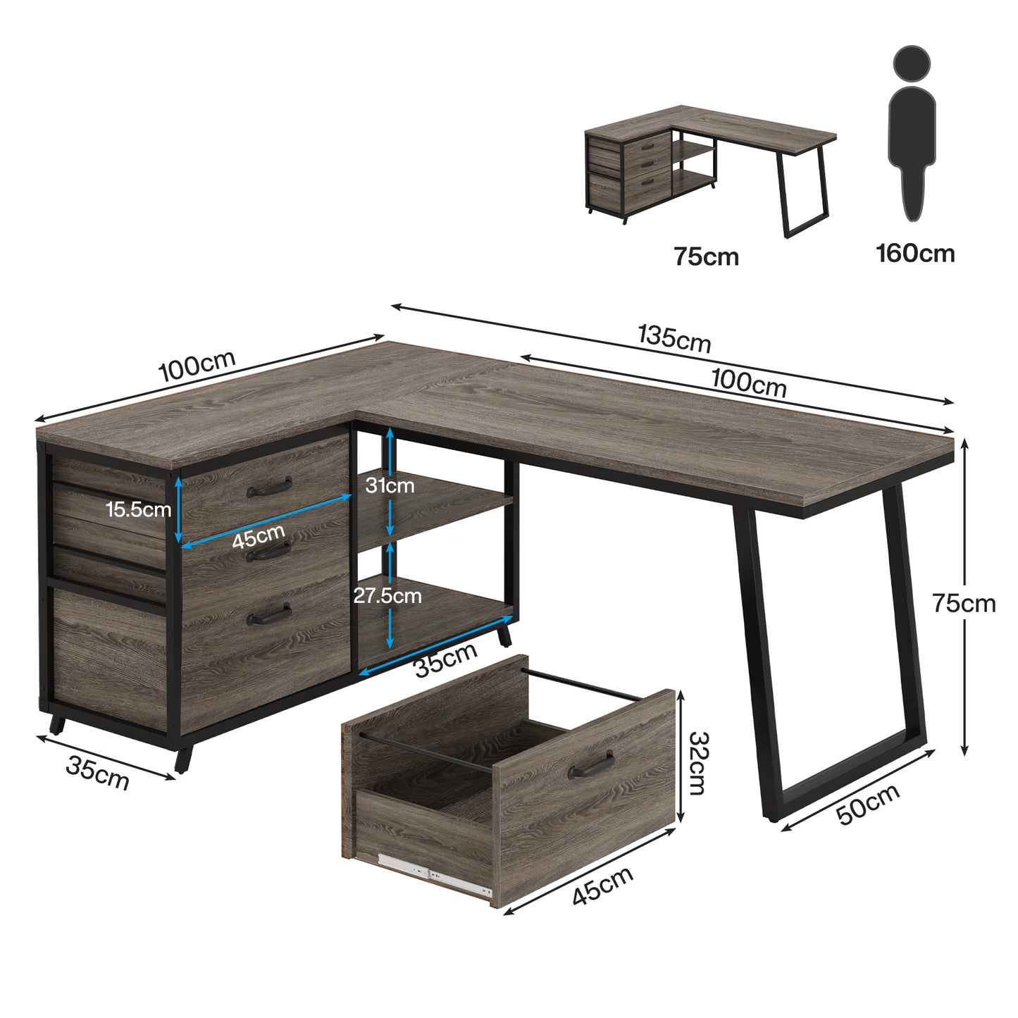 Ljustra L-Shaped Computer Desk with 3 Drawers Reversible Corner Desk