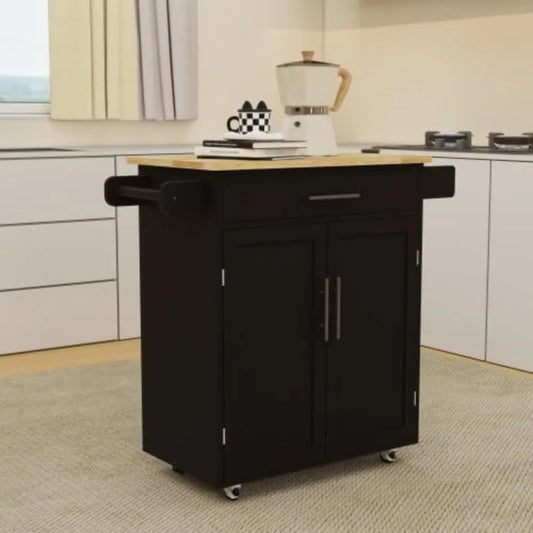 Kitchen Island Rolling Trolley Cart with Drawer Doors Adjustable Shelves