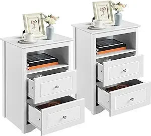 Nightstand Set of 2 Wooden Bedside Tables with Drawers for Small Spaces