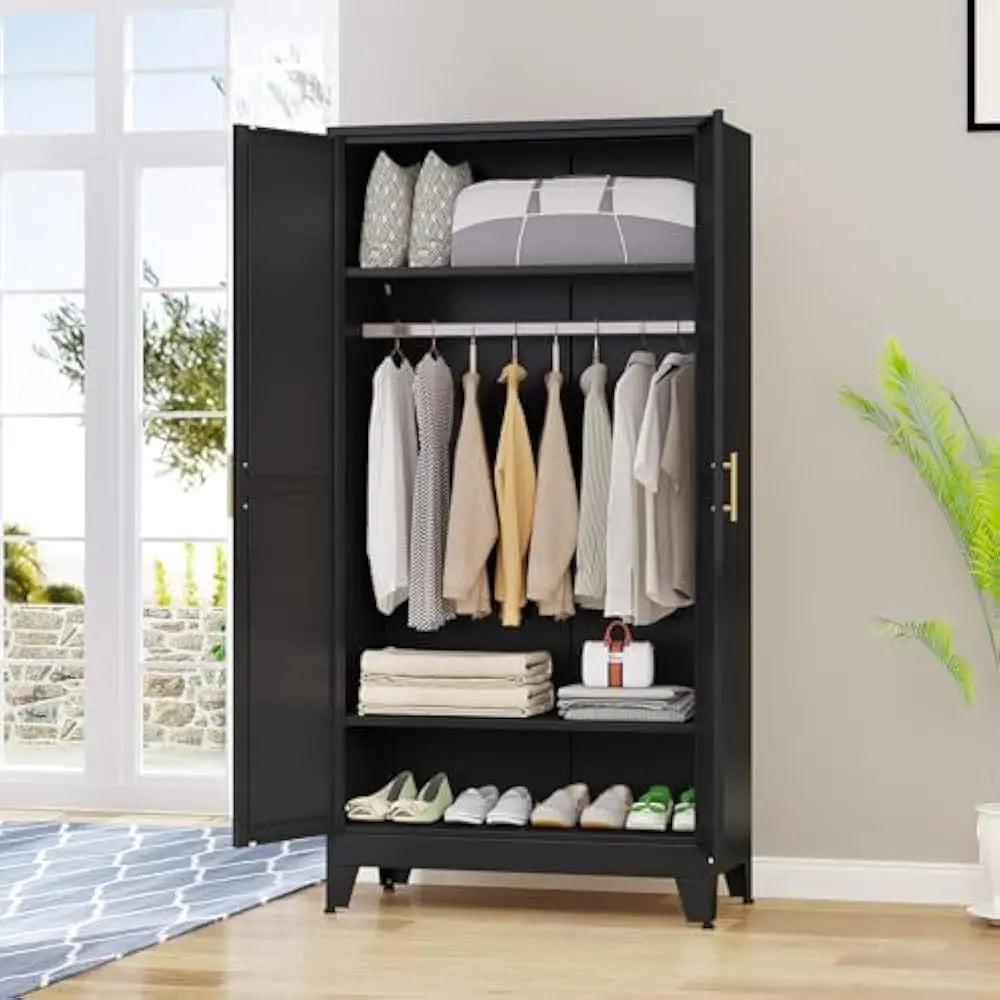 2 Doors Wardrobe, 71'' Metal Wardrobes Closet with Drawers and Hanging Rod, Metal Closet with Adjustable Shelves for Bedroom