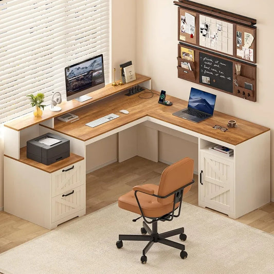 63 Farmhouse L Shaped Executive Desk with Storage and Power Outlets