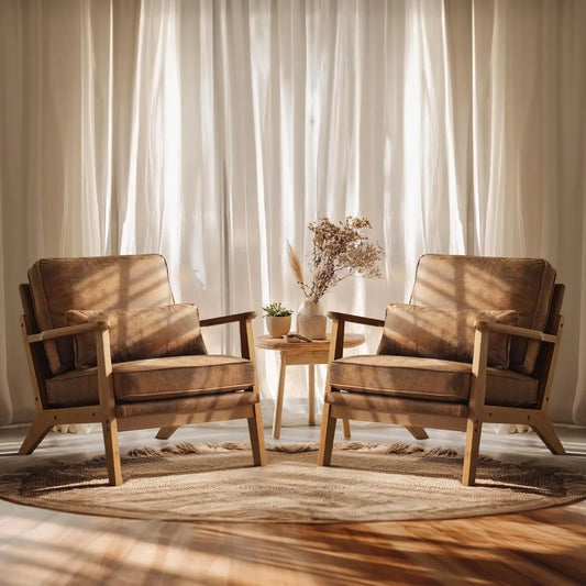 Solid Wood Wide Armrests Accent Chair Set of 2 Mid Century Modern