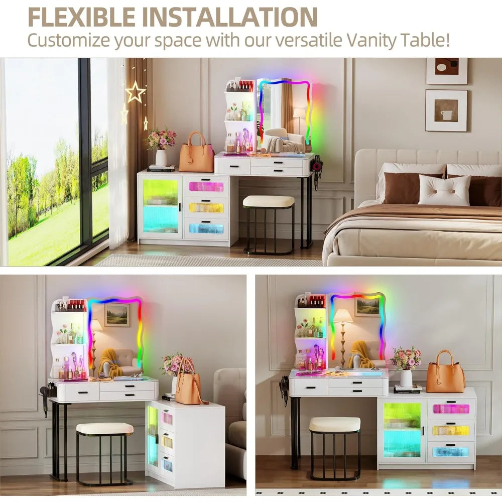 Large Makeup Vanity Desk with Mirror RGB Lights Charging Station