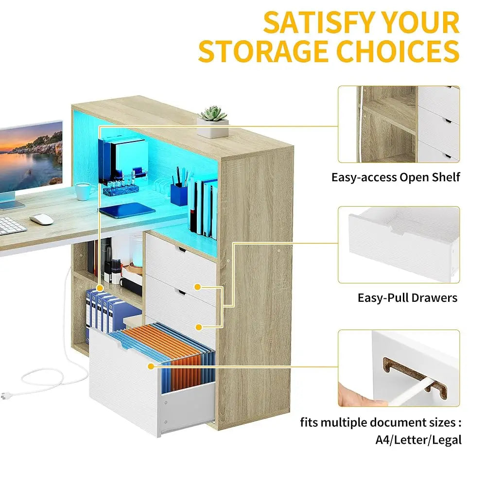 L Shaped Desk with Drawers Power Outlets USB LED Lights Home Office