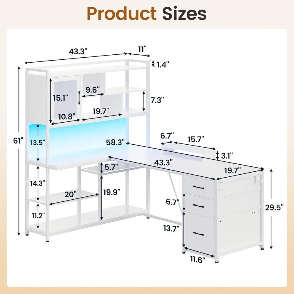 L Shaped Computer Desk with 3 Drawers and Bookshelf for Home Office