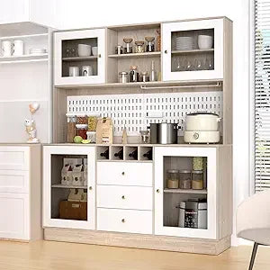 Kitchen Hutch Cabinet Freestanding Buffet with Pegboard Cup Holder Storage