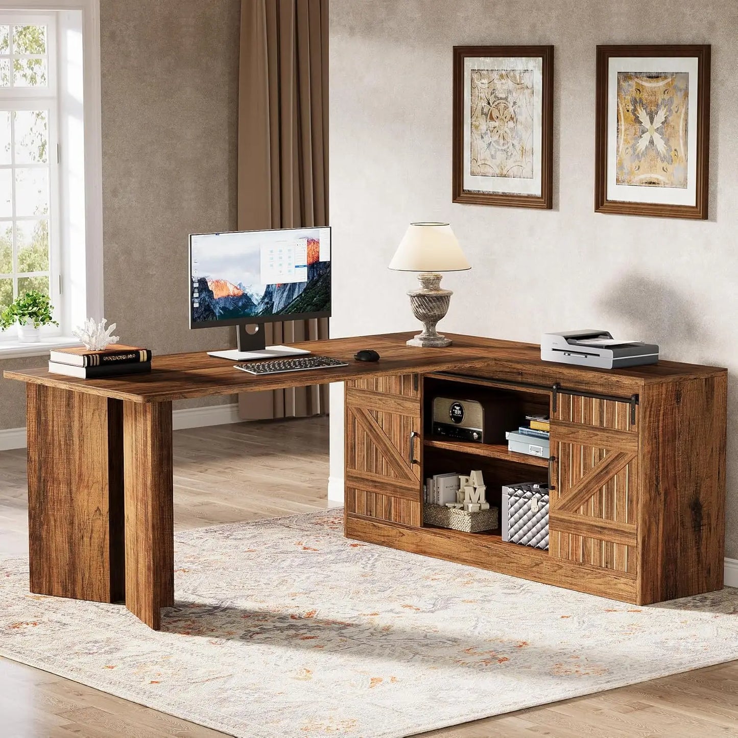 L-Shaped Executive Desk 70.9 Inch Mid-Century Farmhouse Office Furniture