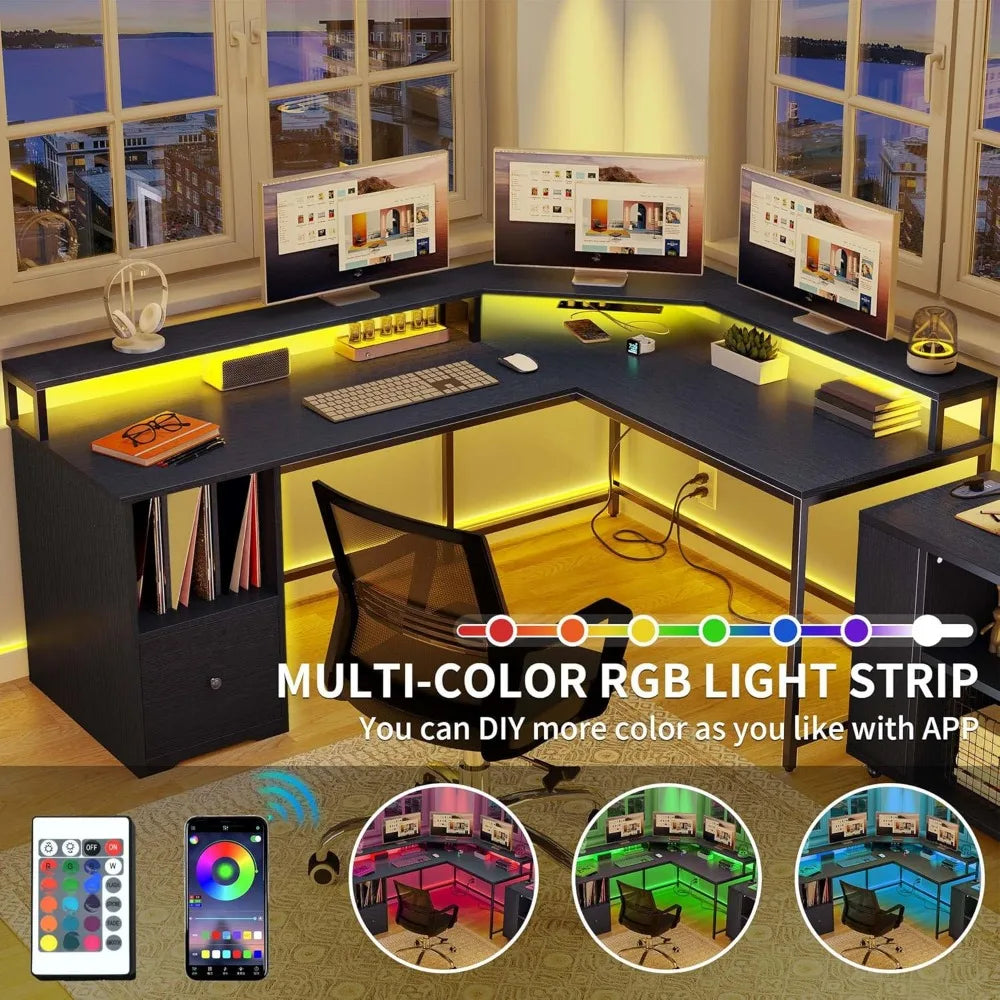 L Shaped Desk with Power Outlets LED Lights File Drawer Home Office