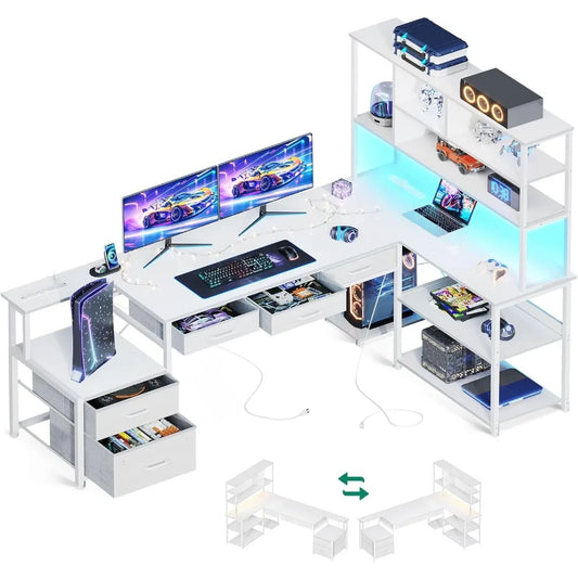 L Shaped Desk with File Drawers Gaming Desk with Power Outlets LED Lights